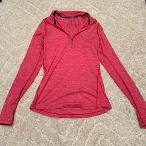 pink/red heathered nike running dri-fit xs quarter zip, has thumb holes